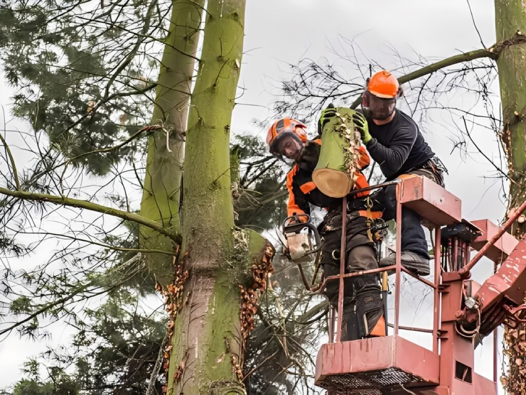 Two arborists in a bucket truck safely remove a large tree limb during storm cleanup in Richmond, Texas.
